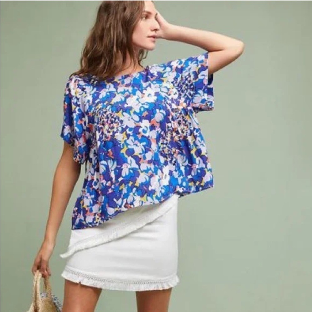 Anthropologie Maeve Milla Blue Floral Swing Blouse Size XS